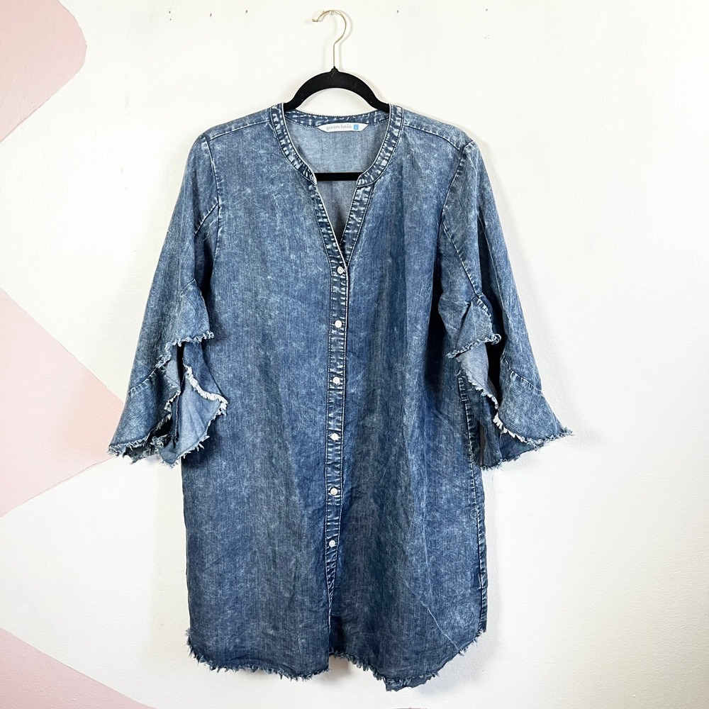 Given Kale Denim Shirt Dress Sz Large Ruffled Flare Sleeves Western Festival